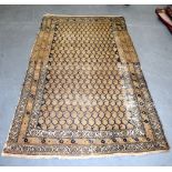 AN UNUSUAL BEIGE GROUND ANTIQUE RUG, decortaed with motifs. 206 cm x 112.