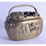 A RARE 18TH/19TH CENTURY CHINESE BRONZE HAND WARMER/CENSER AND COVER decorated in relief with