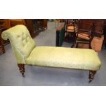 A VICTORIAN MAHOGANY CHAISE LONGUE, with lime green upholstered seat. 176 cm long.