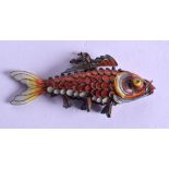 AN EARLY 20TH CENTURY CHINESE ENAMELLED WHITE METAL RETICULATED FISH of naturalistic form. 7.5 cm