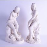 A LARGE PAIR OF 19TH CENTURY MINTON PARIAN WARE FIGURES depicting Miranda from The Tempest &