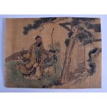 A 19TH CENTURY CHINESE WATERCOLOUR SILK PANEL depicting a scholar and child within a landscape. 25