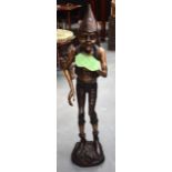 A LARGE PAINTED BRONZE STATUE OF A GOBLIN, formed standing holding a lilypad.98 cm high.