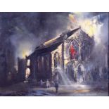 ARTHUR H TWELLS (1921-1996), Irish, framed, oil on canvas, signed, figures outside a burning church.