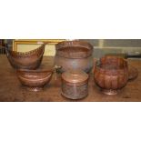 A 19TH CENTURY PIERCED INDIAN COPPER PEDESTAL BOWL together with other assorted vessels