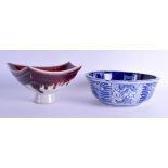 A STYLISH JAPANESE STYLE SANG DU BOEUF IKEBANA PEDESTAL BOWL together with a Meiji period blue bowl