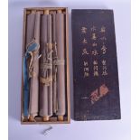 A GOOD SET OF THREE 18TH/19TH CENTURY JAPANESE EDO PERIOD INK WORK SCROLLS within original fitted