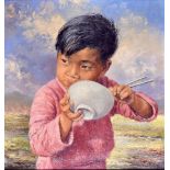 R BELLER (Chinese School), framed watercolour, signed & dated 1957, young boy eating rice, "Not