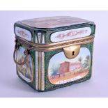 A RARE LATE 19TH CENTURY BOHEMIAN GREEN GLASS CASKET unusually enamelled to each side including