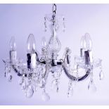 A VICTORIAN STYLE GLASS FIVE BRANCH CHANDELIER with hanging prism drops. 44 cm x 31 cm.