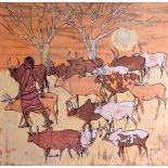 AFRICAN SCHOOL (20th Century), framed batik type painting, "Masai Cattle Herder". 88 cm x 85 cm.