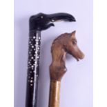 A LATE 19TH CENTURY ANGLO INDIAN IVORY INLAID ELEPHANT WALKING CANE together with another later