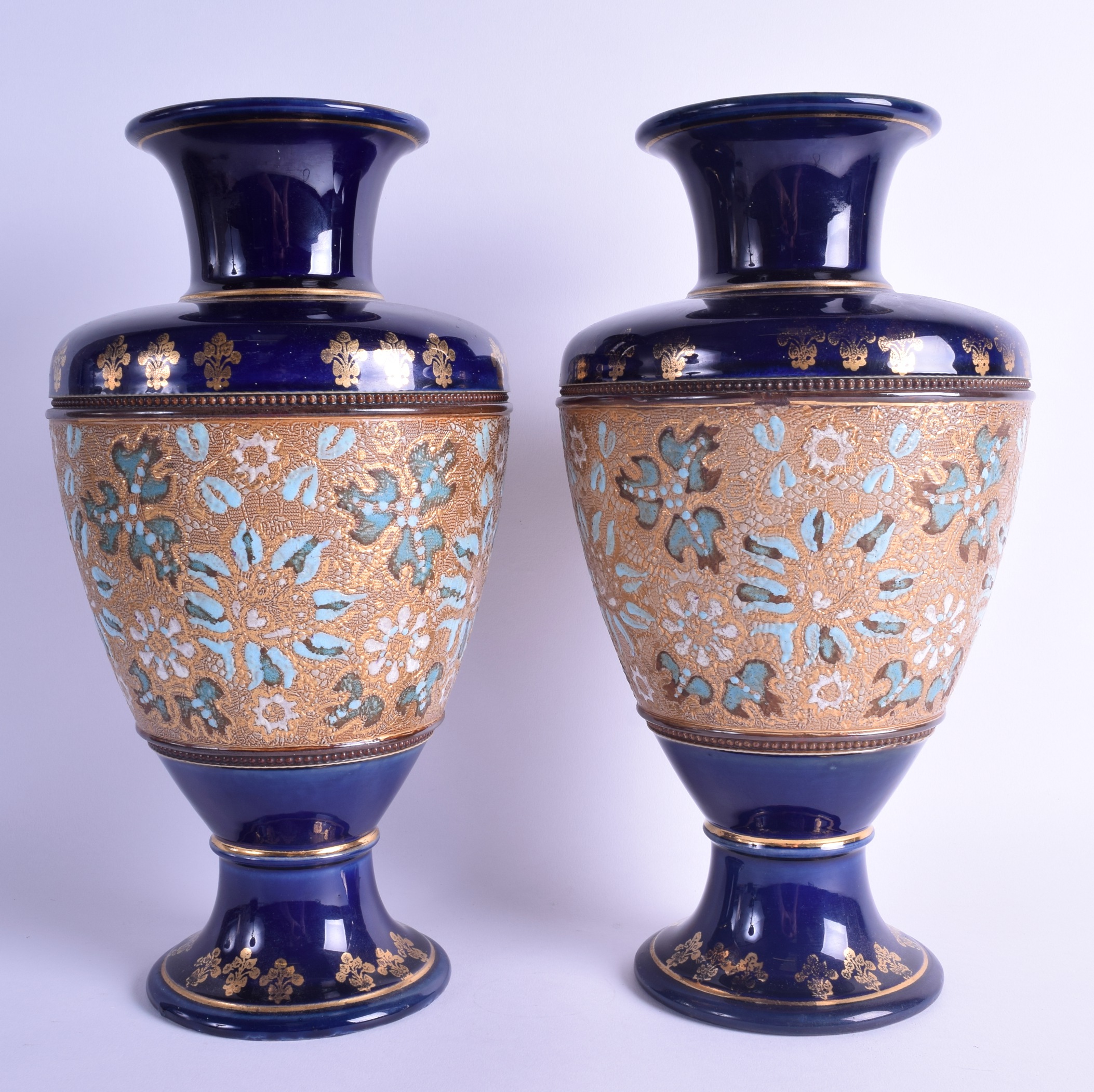 A LARGE PAIR OF VICTORIAN DOULTON SLATERS STONEWARE BALUSTER VASES painted with turquoise floral