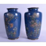 A LOVELY PAIR OF EARLY 20TH CENTURY JAPANESE MEIJI PERIOD CLOISONNE ENAMEL VASES with silver mounts,