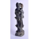 A LARGE LATE 19TH CENTURY CHINESE CARVED SOAPSTONE FIGURE OF SAGE modelled holding a peach and