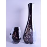 A LARGE STYLISH ART GLASS VASE together with a smaller matching glass vase. 47 cm & 19 cm high. (2)