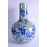 A 19TH CENTURY CHINESE BLUE AND WHITE CELADON VASE painted with figures within landscapes. 42 cm