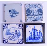 AN 18TH CENTURY ENGLISH BLUE AND WHITE POTTERY TILE together with three others. Largest 13 cm