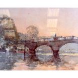 AFTER KEN HOWARD (b. 1932), framed picture, signed in pencil, bridge in a landscape. 25 cm x 31 cm.