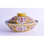 AN EARLY 20TH CENTURY CHINESE FAMILLE JAUNE BOWL AND COVER bearing Qianlong marks to base, painted