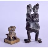 A SMALL 19TH CENTURY CHINESE BRONZE SEAL together with a bronze figure of a dancing couple. (2)