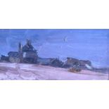 JOHN OSBORNE (b. 1939), framed oil on card, signed, abstract nocturnal landscape.11.5 cm x 24 cm.