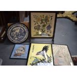 A GROUP OF EMBROIDERED PICTURES, including an imitation blue & white charger.