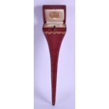 A RARE VINTAGE CARTIER RED LEATHER HAIR PIN BOX decorated in gilt with extensive foliage. 20 cm x