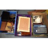 A BOX OF POSTCARDS & PHOTOGRAPHS, together with a quantity of coinage and model cars. (3 boxes)