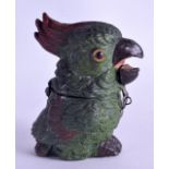 A VERY RARE AMERICAN COLD PAINTED SPELTER MONEY BOX in the form of a parrot, with moving mouth. 10.5