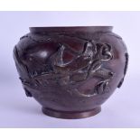 A LATE 19TH CENTURY JAPANESE MEIJI PERIOD BRONZE BOWL decorated with a dragon in relief. 15 cm