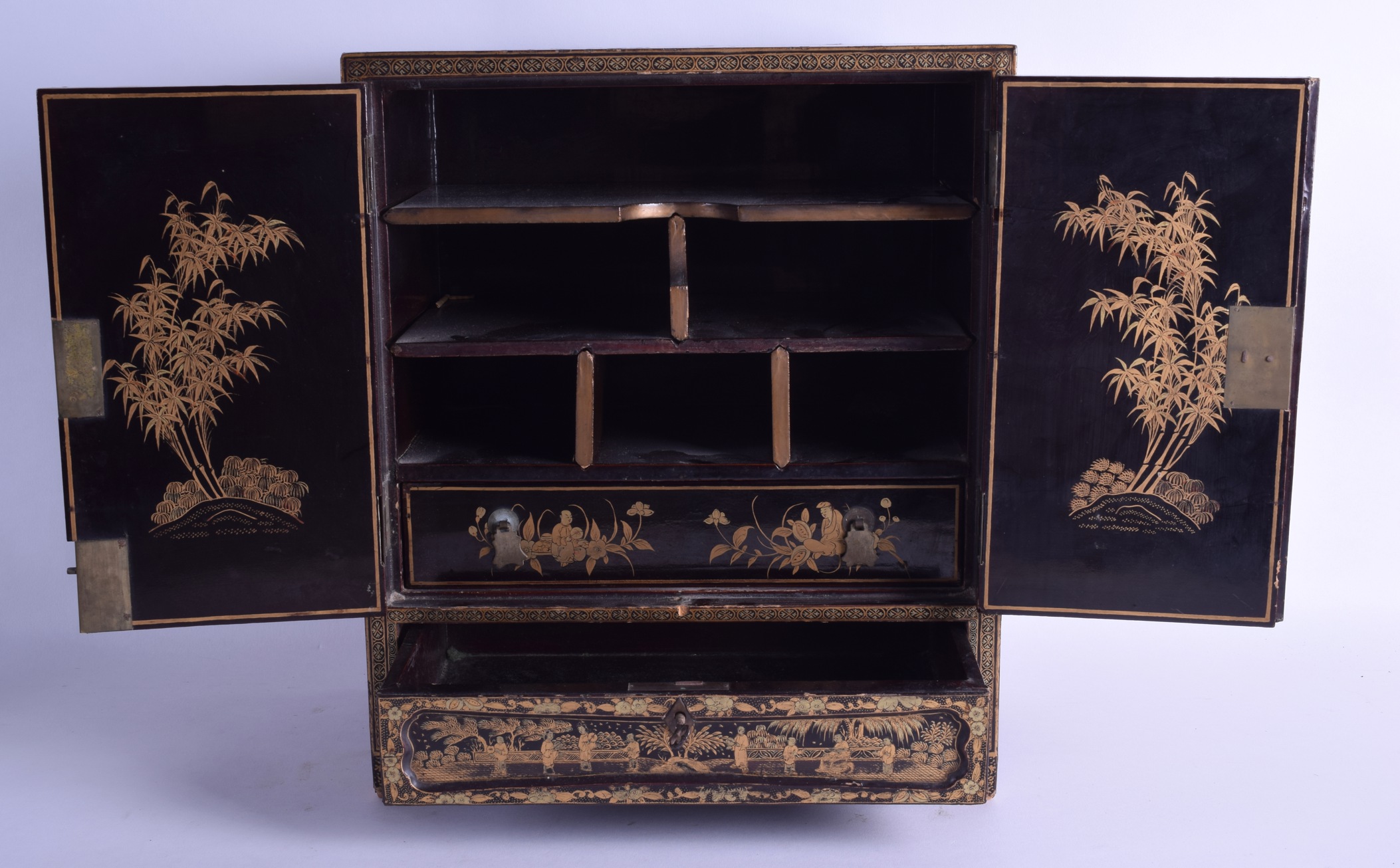 A MID 19TH CENTURY CHINESE EXPORT BLACK LACQUER TABLE CABINET with two doors over a pull out drawer, - Image 3 of 3
