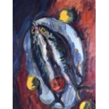 CIRCLE OF RUSKIN SPEAR (1911-1960), unframed oil on canvas, unsigned, still life fish and fruit.
