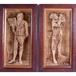 A PAIR OF LATE 19TH CENTURY FRAMED POTTERY PANELS depicting two males wearing glasses within an