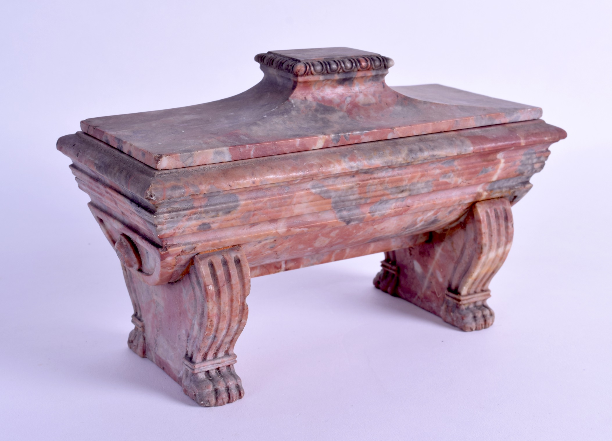 AN UNUSUAL 19TH CENTURY ITALIAN GRAND TOUR MARBLE URN AND COVER of rectangular form, supported