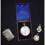 A VINTAGE CASED AMERICAN WALTHAM POCKET WATCH, together with two silver medals & a vesta case. (4)