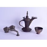 A 19TH CENTURY MIDDLE EASTERN BRONZE SPICE BOX together with a bowl & ewer. (3)