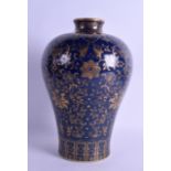A CHINESE POWDER BLUE AND GILT MEIPING VASE bearing Qianlong marks to base, painted with gilt
