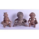 A GROUP OF THREE SOUTH AMERICAN TRIBAL CLAY FIGURES in various forms. Largest 16.5 cm x 18.5 cm. (