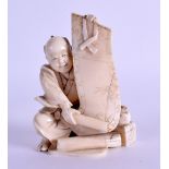 A GOOD 19TH JAPANESE MEIJI PERIOD CARVED IVORY OKIMONO modelled as a scholar revealing a landscape