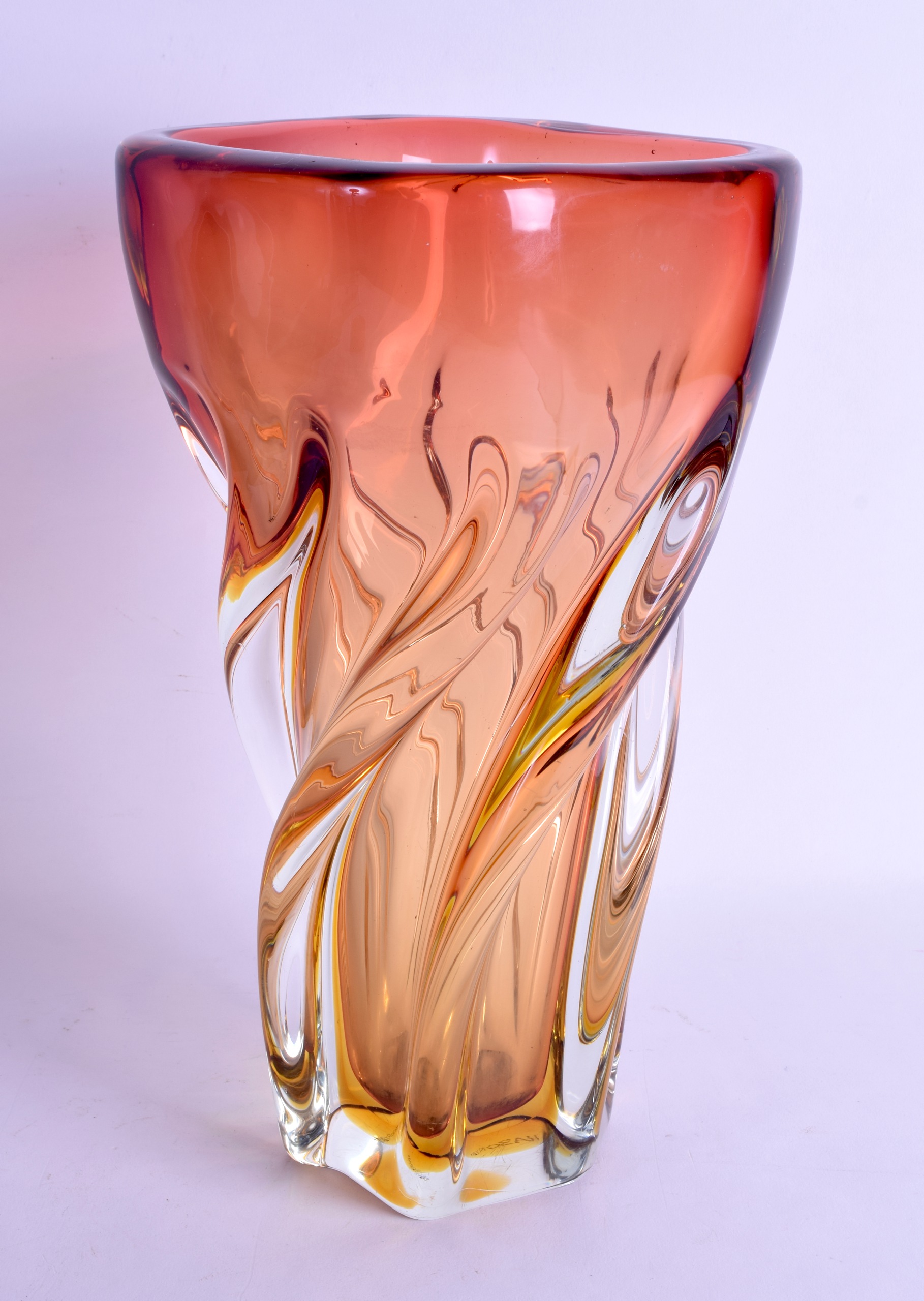 A STYLISH ORANGE GLASS SPIRALLY TWISTED VASE. Signed and dated 1980. 33 cm high.