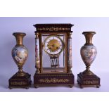 A GOOD 19TH CENTURY FRENCH EMPIRE STYLE CLOCK GARNITURE the mantel clock with porcelain pillars