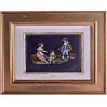 A FRAMED MID 19TH CENTURY ITALIAN MICRO MOSAIC PANEL depicting two figures and a child within a