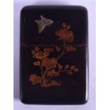 A LATE 19TH CENTURY JAPANESE MEIJI PERIOD LACQUERED CARD CASE inset with a bronze moth to both