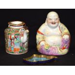 A CHINESE PORCELAIN FIGURE OF BUDDHA, together with canton tea pot & a cloisonne lid. (3)