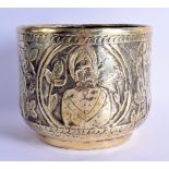 AN 18TH/19TH CENTURY BRASS EMBOSSED BOWL/PLANTER decorated with animals and foliage. 20 cm wide.