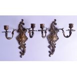 A PAIR OF LATE 19TH CENTURY FRENCH BRASS TWIN BRANCH WALL SCONCES with acanthus and shell mounts. 22