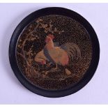 A FINE 19TH CENTURY JAPANESE MEIJI PERIOD BLACK LACQUER DISH decorated with two hens within a