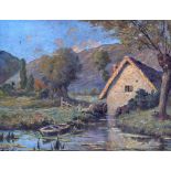 J MURREY (British), framed oil on board, signed & dated 1912, millhouse in a landscape. 22 cm x 27