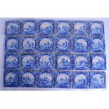 A GOOD SET OF TWENTY FOUR 18TH/19TH CENTURY EUROPEAN BLUE AND WHITE POTTERY TILES painted in various